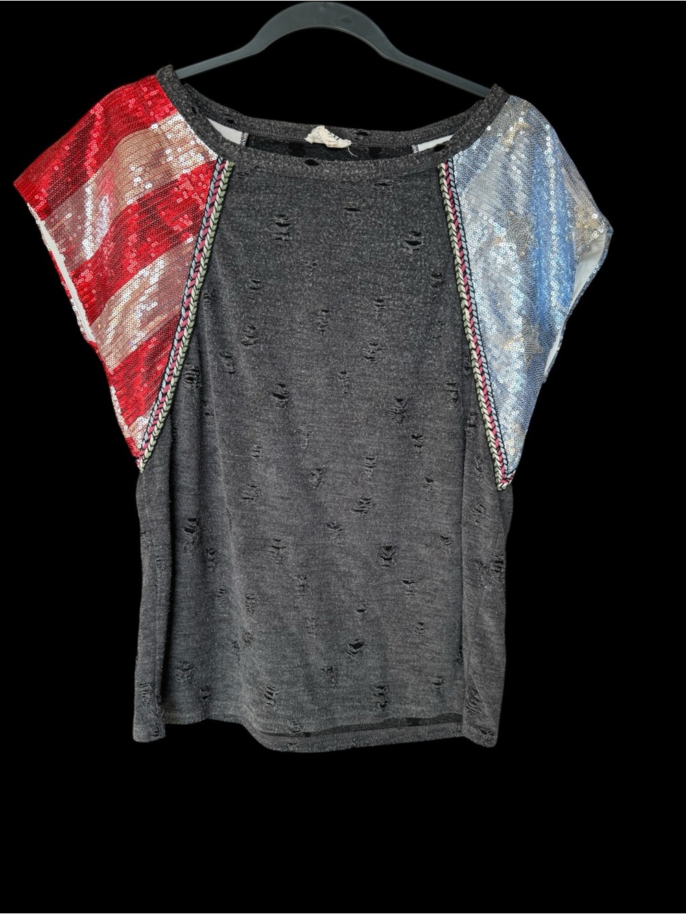 BiBi Black Distressed Top with Red & Blue Star Sequin Sleeves